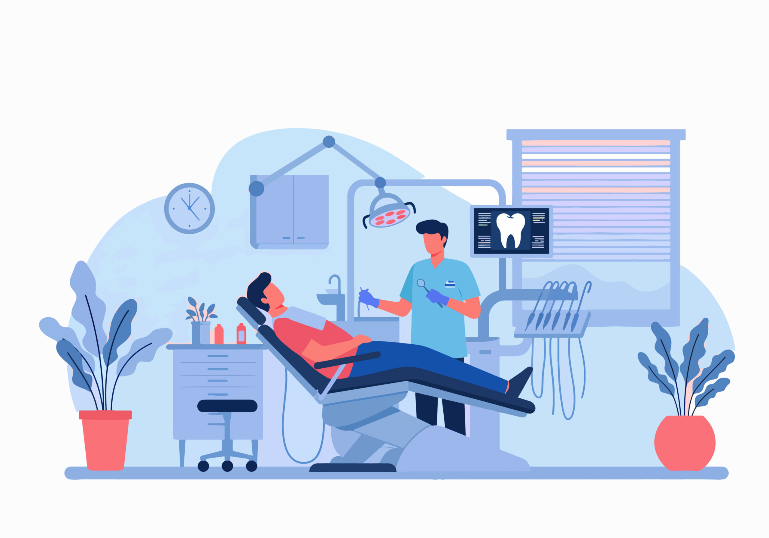 歯科クリニックで治療を行う歯科医師と治療を受ける患者